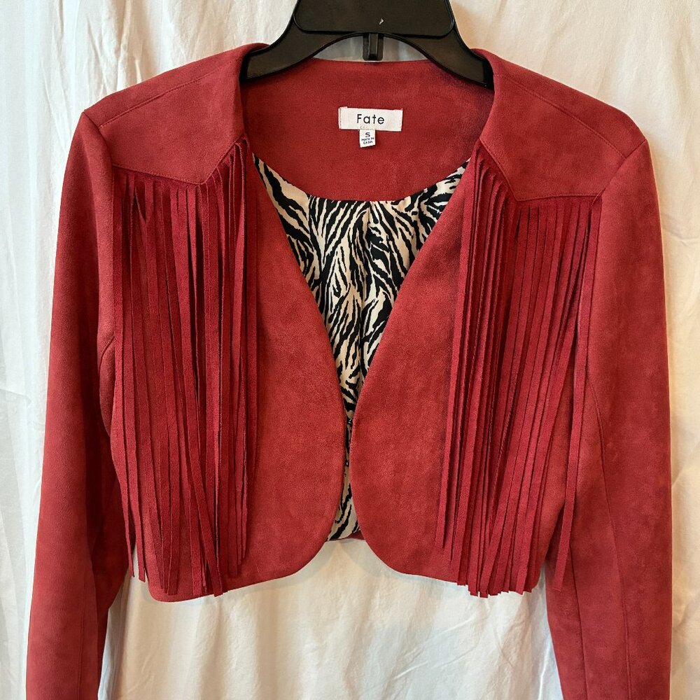 Faux Suede Burnt Orange/Red Cropped Jacket with Fringe By Fate